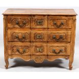 FRENCH CARVED WALNUT CHEST OF THREE DRAWERS, EARLY 19TH C., H 38", W 48", D 24"Or commode, having