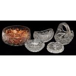 CZECHOSLOVAKIAN CRYSTAL BOWLS & BASKET, FIVE PIECES, W 5"-7"Including 1 round bowl, Dia.8 1/2", 1