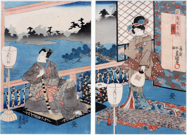 JAPANESE WOODBLOCK DIPTYCH, H 14.5", L 20", TWO FIGURESDepicting a male and female figure. Signed.