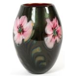 CHARLES LOTTON 'MULTI FLORA' GLASS VASE, 1982, H 6 3/4"Ovoid shape with five pink blossoms about;