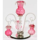 HAND BLOWN CRANBERRY TO CLEAR GLASS EPERGNE, C. 1870, H 15 1/2", W 12"Center glass vase with three