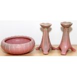 ROOKWOOD POTTERY CANDLESTICKS & BOWL, EARLY 20TH C., 3 PIECES, H 6 1/2", DIA 7 3/4"Includes a pair