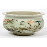 CHINESE HAND PAINTED PORCELAIN BOWL, H 3", DIA 8"having a flared rim, mountain scene on the sides