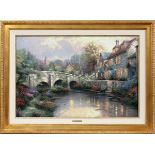 THOMAS KINKADE, COLORED PRINT, "COBBLESTONE BROOKE", H 23", W 36"Frame size: 33" x 45". On canvas.