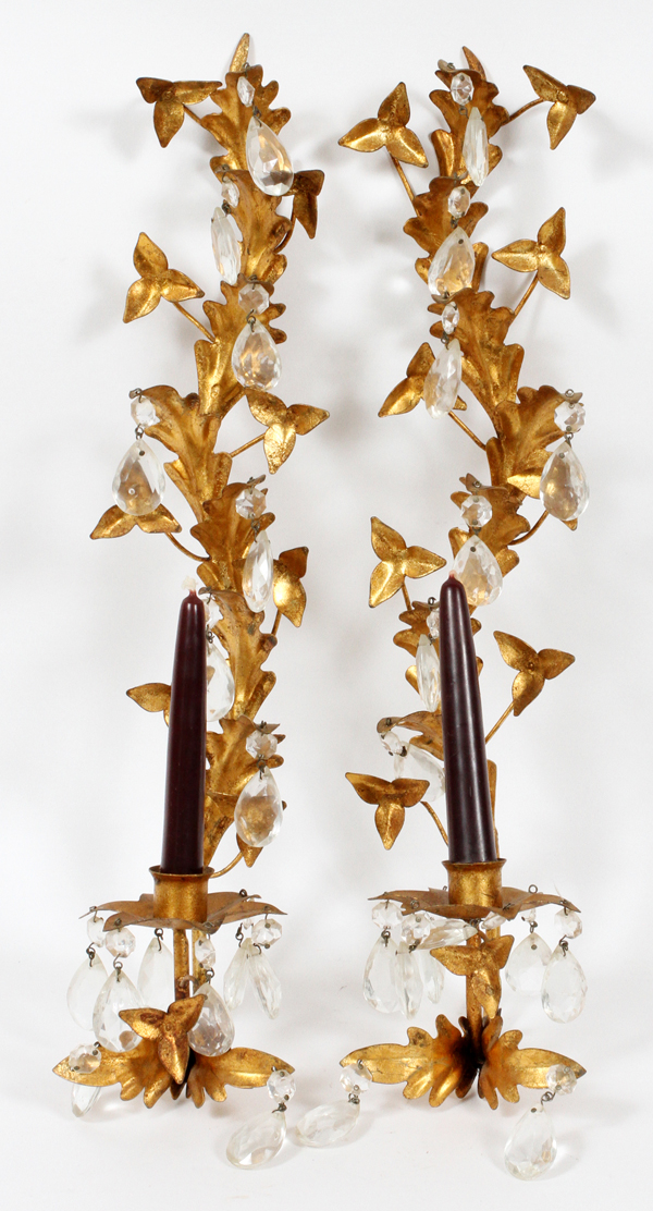 ITALIAN GILT METAL & CRYSTAL PRISM TWO-LIGHT SCONCES, PAIR, H 20", W 4 1/2"Circa 1940.Good