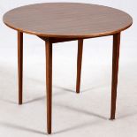 JENS RISOM, DANISH MODERN TEAKWOOD TABLE, H 29", DIA 36"A round teakwood table, having a laminated