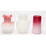 VICTORIAN AND OTHER GLASS PITCHERS, LATE 19TH/EARLY 20TH C., 3 PIECES, H 8"-9 3/4"Including 1