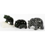 INUIT HARD STONE CARVINGS OF BEARS, THREETwo green, the larger bear Height 2 1/2", length 4", the
