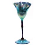 BLUE IRIDESCENT STUDIO GLASS FLORAL FORM VASE, H 15''In floral form, with a footed base. No apparent