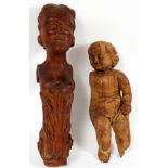 EUROPEAN CARVED WOOD FIGURE AND CORBEL, 2 PIECES, H 12"-15 1/2"Includes 1 carved figure of a baby,