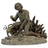 SPELTER FIGURE OF A FISHERMAN, CIRCA 1900, H 8 1/2", W 10", D 4"- For High Resolution Photos visit