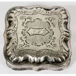 DUTCH STERLING SILVER SNUFF BOX, 18TH CENTURY, H 2", W 2", D 1/2"Having a curved edge cartouche top,