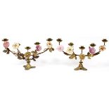 FRENCH FIVE LIGHT BRONZE AND PORCELAIN CANDELABRA, 19TH CENTURY, PAIR, H 11", W 18"Porcelain flowers