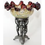 AUSTRIAN ART GLASS HAND PAINTED CENTER PIECE ON STAND, 19TH.C. H 6'', L 13 1/2''Base H 9 3/4'',