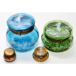 MARY GREGORY AND BOHEMIAN, ANTIQUE GLASS BOXES, LATE 19TH C., 4 PIECES, DIA 1 1/2"-4"Including 1
