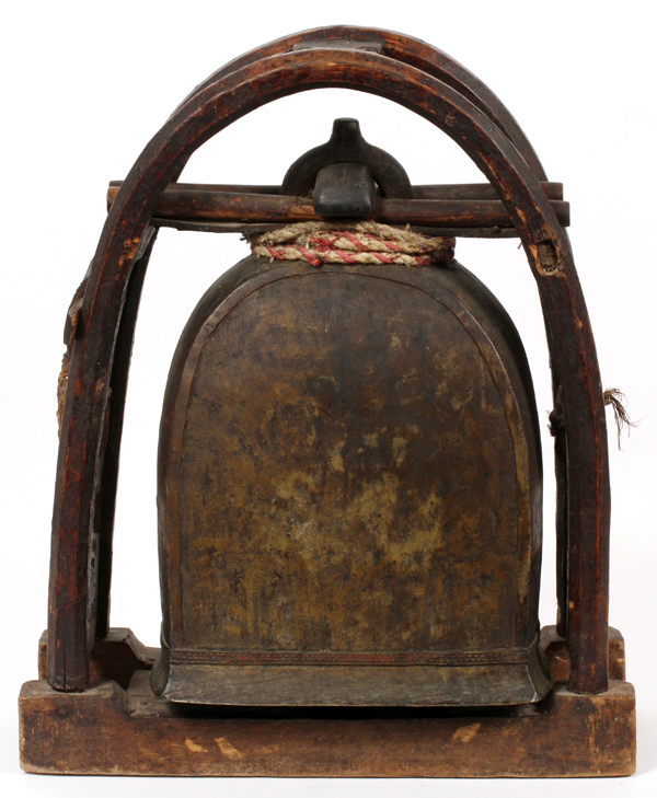 CHINESE ANTIQUE BRONZE TEMPLE BELL, H 19 1/2", W 16 1/2"Carved wood frame and bronze.Red and White