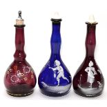 MARY GREGORY ANTIQUE GLASS BARBER'S BOTTLES, 3 PIECES, H 7 3/4"-8 1/2"Including 1 cobalt glass