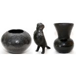 MEXICAN BLACKWARE POTTERY BOWL, BIRD AND VESSEL, 3 PCS. H 6"- 9", W 7" (BIRD), DIA 7" & 8"The