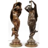 AFTER PRADIER, SPELTER SCULPTURES CONVERTED TO TABLE LAMPS, PAIR, H 37", STANDING CLASSICAL STYLE