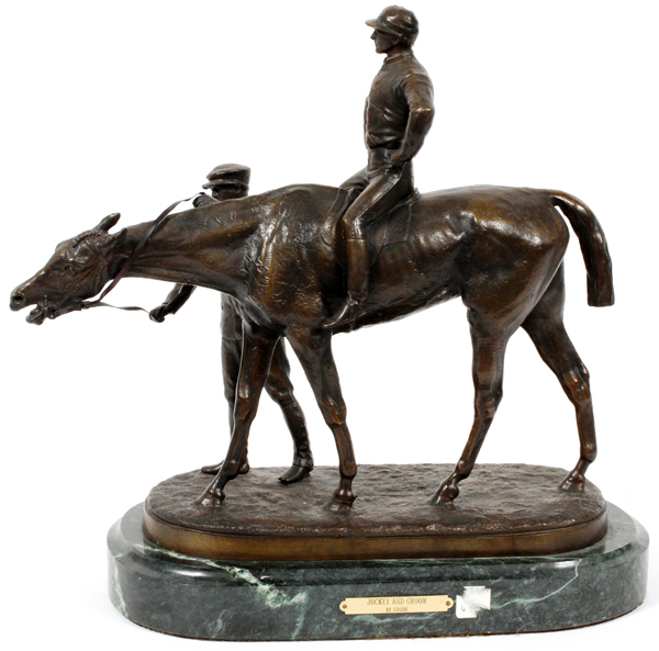 J. WILLIS GOODE (BRITISH 1845-1879), SIGNED BRONZE SCULPTURE, H 12", W 13", JOCKEY AND