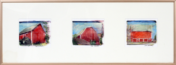 SUSAN HAMADY, COLORED LITHOGRAPH, H 3 1/2", W 4", THREE BARNSSigned lower right. Matted and framed