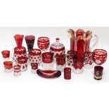 FLASHED RUBY AND AMETHYST SOUVENIR GLASS TABLEWARE, 21 PIECES, H 1 1/2"-8 1/4"Including tableware