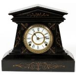 ANSONIA METAL MANTLE CLOCK, H 12", L 14", D 4.5"An Ansonia black metal mantle clock with a classical