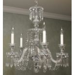 FIVE-LIGHT CRYSTAL CHANDELIER, H 24", DIA 22"Hung with crystal prisms and swags.Good condition.