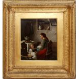 DUTCH PAINTING ON COPPER 19TH.C. H 8", W 6"Depicts a young mother in Dutch kitchen with a child
