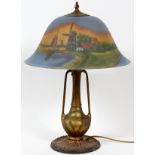 PAIRPOINT STYLE TABLE LAMP, H 23'', DIA 15''.Reverse painted windmill with water scene shade;