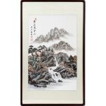CHINESE WATERCOLOR ON PAPER H 27" W 14"Signed upper right. Landscape scene with mountains and
