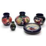 MOORCROFT POTTERY VASES AND BOWL, 5 PIECES, H 2"-3 1/2"Including 4 vases and 1 bowl, Dia.4 1/2", all