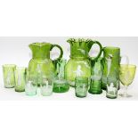 MARY GREGORY, ANTIQUE CHARTREUSE GLASS PITCHERS, VASES, AND TUMBLERS, 12 PIECES, H 3"-9 1/2"