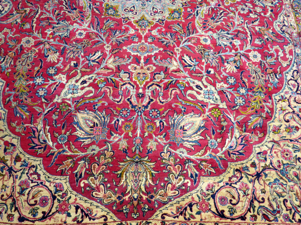 PERSIAN KERMANSHAH WOOL CARPET, ANTIQUE, W 8' 10", L 12' 1"Red field with central floral medallion - Bild 3 aus 10