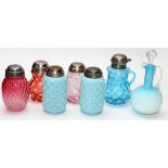 VICTORIAN BLUE AND CRANBERRY OPALESCENT GLASS MUFFINEERS, SYRUP JUG, AND CRUET, LATE 19TH C., 7