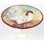 FRENCH POTTERY CAKE COMPOTE, H 7", DIA 11"Hand painted rooster in the plate with French