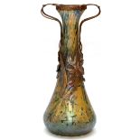LOETZ ART NOUVEAU GLASS VASE, 19TH.C., H 9 1/2''Floral and leaf motif about the metal handle and