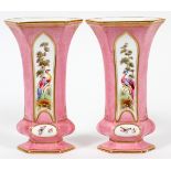 STAFFORDSHIRE "CHELSEA" PORCELAIN VASES, PAIR H 7"Hand painted on front and verso panels with exotic