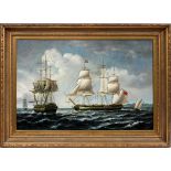 ERIC NIELSEN, SIGNED OIL ON CANVAS, H 24", W 36", SAILING VESSELS ON OPEN SEASOil on canvas,