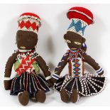 AFRICAN BEADED CLOTH DOLLS, TWO, L 14" & 15"Female figures, each of brown and black felt, colorful