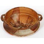 ROUND LOW POTTERY BOWL, H 3 1/4", DIA 12 1/2"Bowl has handles, various abstract color designs in