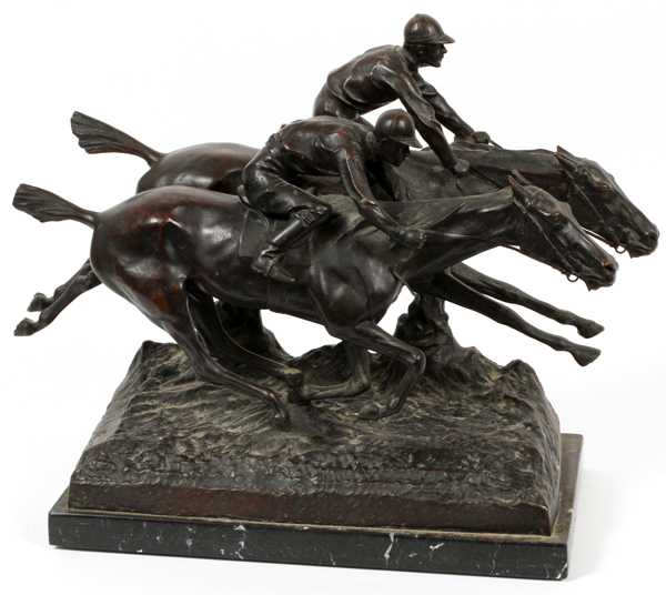 BARYE SIGNED BRONZE SCULPTURE, H 15", W 19", D 9", HORSE RACEDepicts two mounted jockeys side by