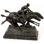 BARYE SIGNED BRONZE SCULPTURE, H 15", W 19", D 9", HORSE RACEDepicts two mounted jockeys side by