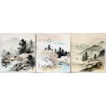 CHINESE WATERCOLORS SET OF 3 H 10.5" W 9.25 LANDSCAPESUnframed.- For High Resolution Photos visit