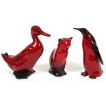 ROYAL DOULTON PORCELAIN FLAMBE ANIMALS, 3, H 6 1/2"Penguin, 6" H., duck, 6 1/2" H. and cat, 5" H.