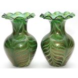 ART GLASS VASES, PAIR, H 8 1/2''. Hand blown with polished pontil. Emerald green with gold flecks.