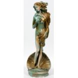 CHALK WARE FIGURE OF SEMI NUDE GIRL ON SHELL H 24"gold and aqua colors- For High Resolution Photos