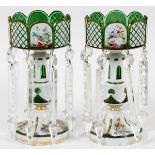 BOHEMIAN GREEN OVERLAY GLASS LUSTERS WITH CRYSTAL PRISMS H 12"