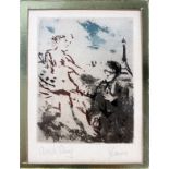 JACK LEVINE, COLOR AQUATINT ON PAPER, H 3 7/8", W 3", "AN AMERICAN IN PARIS"Pencil signed lower