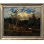 AMERICAN SCHOOL, OIL ON CANVAS, C. 1820-1860'S, H 28", W 36", CATTLE WATERINGIllegibly signed